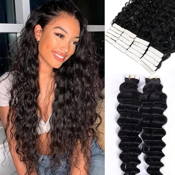 24Inch Curly Tape In Hair Extensions Long Wavy Human Hair Natural Seamless Skin Weft Invisible Hair Extensions Double Side Deep Wave Glue in Extension 50G 20PCS/Pack 40-60PCS Suggested for Full Head