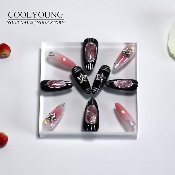 Handmade Nails Press On, Press On Nails Pink, Medium Stiletto Nails, Chrome Press On Nails, Thick Press On Nails, Press On Acrylic Nails, Reusable Nails, Woman Gifts, COOLYOUNG Nails, 10 PCS, Size S