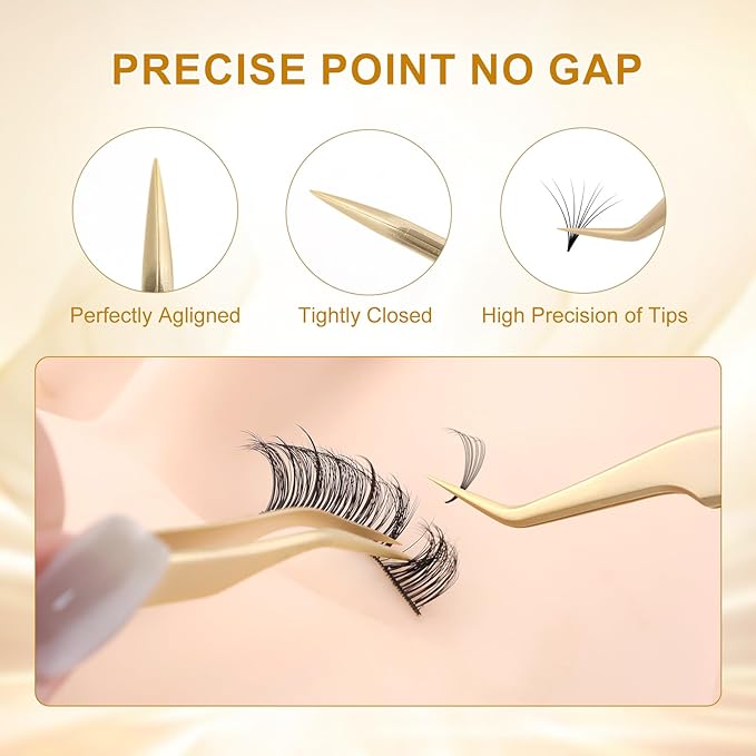 NAGARAKU 1 Pair Eyelash Extension Tweezers Set, Gold Curved Volume Make Fans Isolation Lash Tweezers Precision Pinzas Light Weight Easy Fanning Stainless Steel Precision for Lashes (N-10 & N-11)