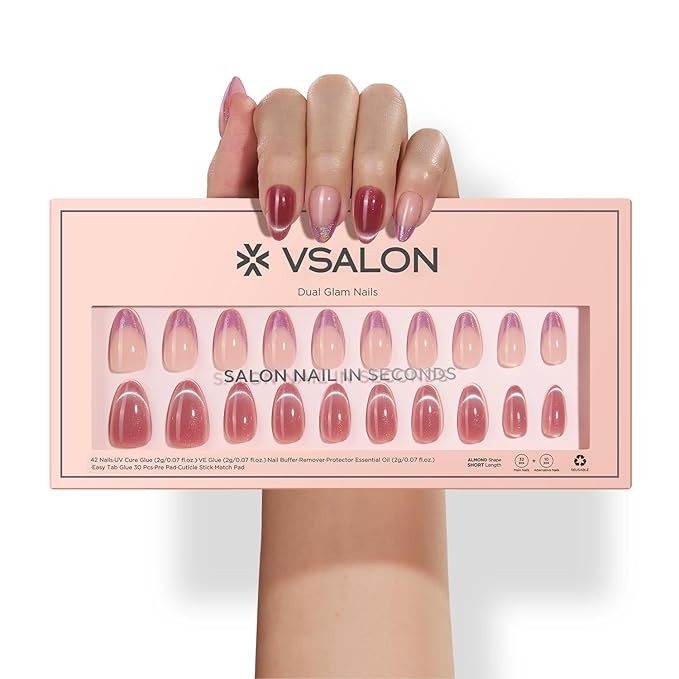 VSALON Short Almond Press-On Nails, 42 Count (Pack of 1), French Tip & Cat Eye, Cream Finish, Plastic, 16 Sizes & 10 Alternative Nails, UV Glue, Easy Tabs, Remover (Rose Sweetheart)
