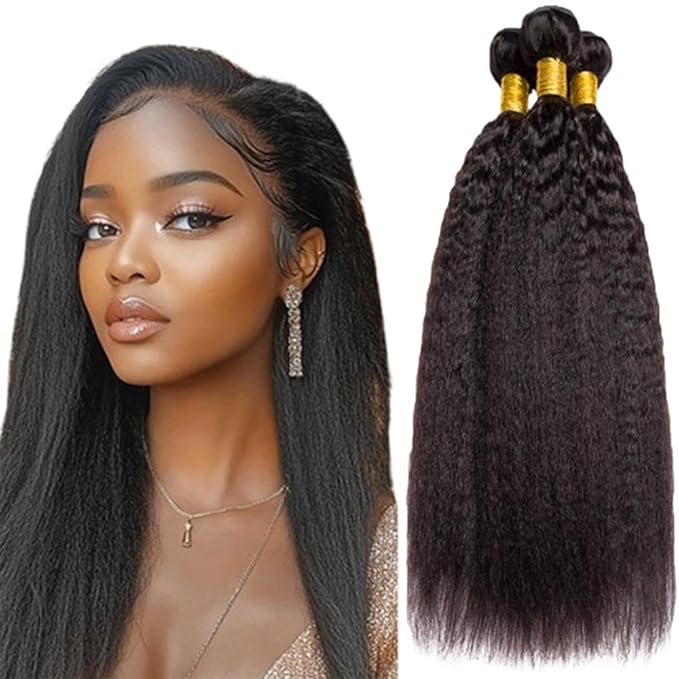 Natural Color Kinky Straight Bundles Human hair Color 1B Yaki Straight Bundles Brazilian Human Hair Extensions Soft and Silky for Women 22 24 26 Inch