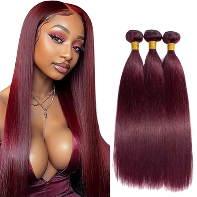 Burgundy Straight Bundles Human Hair Color 99j Straight Bundles Human Hair Wine Red Brazilian Wet and Wavy Soft Silky for Woman 10 12 14 Inch