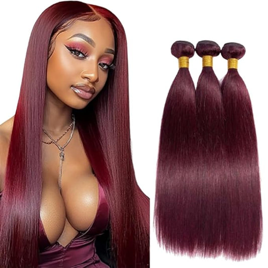 Burgundy Straight Bundles Human Hair Color 99j Straight Bundles Human Hair Wine Red Brazilian Wet and Wavy Soft Silky for Woman 10 12 14 Inch