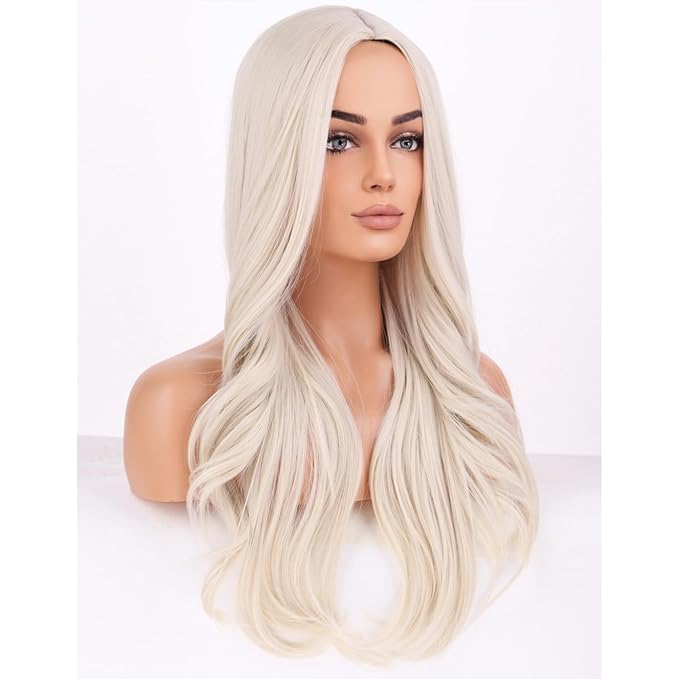 BERON Platinum Blonde Wigs Long Wavy Wig for Women Natural Curly Light Blonde Heat Resistant Synthetic Hair Wigs for Cosplay Party Daily or Use