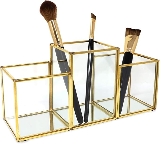Isaac Jacobs 3-Compartment Makeup Brush Holder, Vintage Style Brass and Glass Organizer, (9.3” L x 3.1" W x 4.5" H) Storage Solution with Mirror Base & Taller Center Slot, for Makeup, Crafts, & More