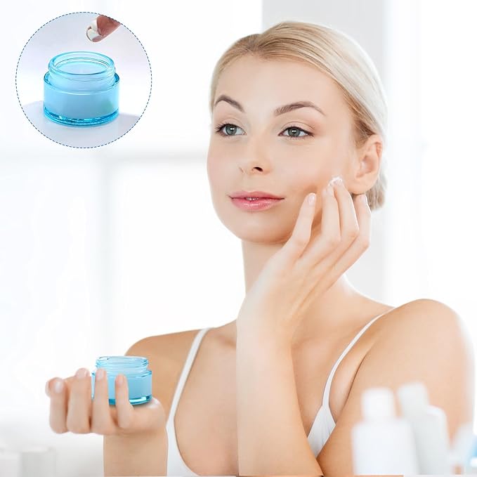 Domensi 60 Pcs 1oz Glass Jars with Lids Bulk Salve Tins Small Glass Candle Cosmetic Jars for Travel with Inner Liners Containers for Lotions Sample Cream(Light Blue, White Lids)