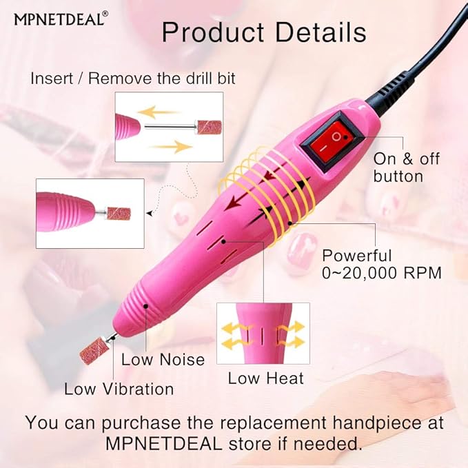 Efile Nail File Machine Electric Nail Drill Set Kit for Acrylic Nails Gel Nail Art Salon Use or Home use(Pink SetB)