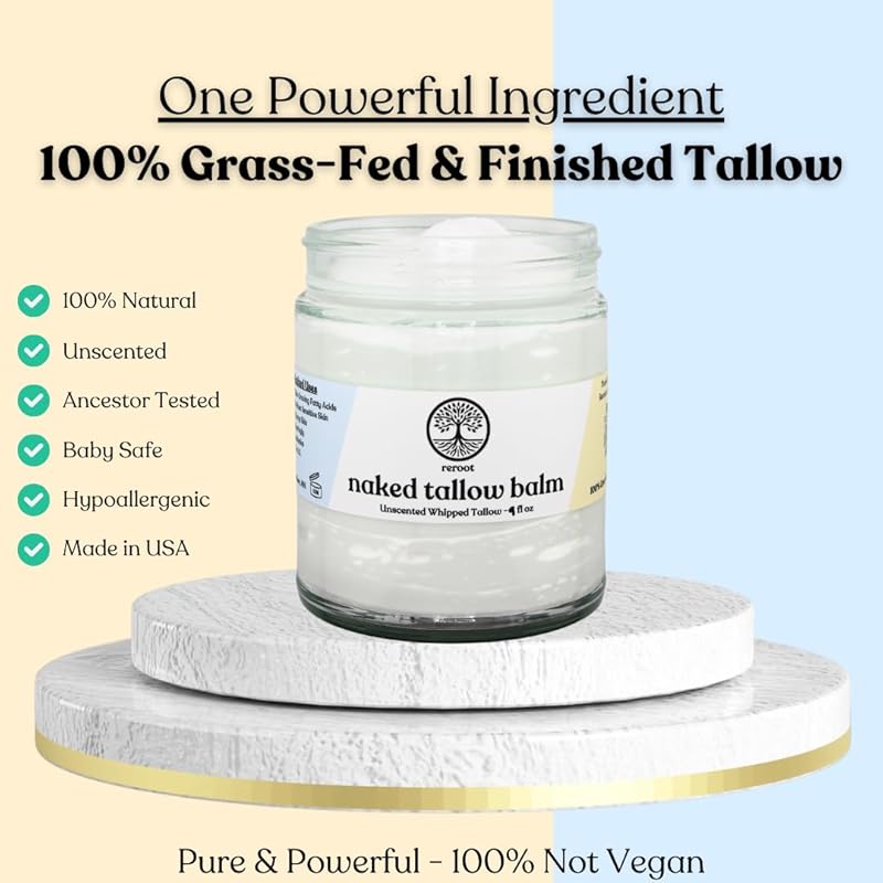 Beef Tallow for Skin - NAKED TALLOW BALM I 1 Ingredient - 100% Grass Fed Beef Tallow | Whole Body & Face | Whipped & UNSCENTED for Sensititve Dry Skin, Babies, Eczema, Psoriasis, Rosacea (9oz)