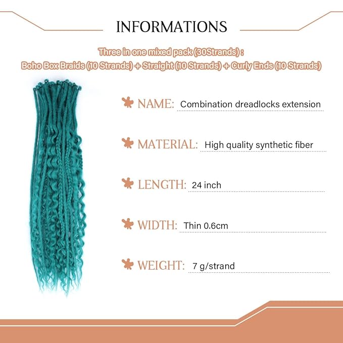 24 Inch 30 Strands SE Dreadlock Extensions Sets，3 In 1 Mixed Synthetic Dreads Extensions, Castleton Green Straight&Curly&Boho Handmade Dreads Hippie Style Dreadlocks for Woman