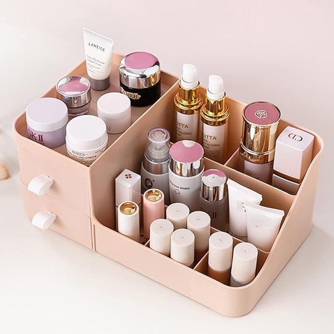 Skin Care Organizer - Makeup Vanity Countertop Organizer with Drawers, Brush Holder for Lipstick, Eyeshadow, Desktop (Polar Pink)