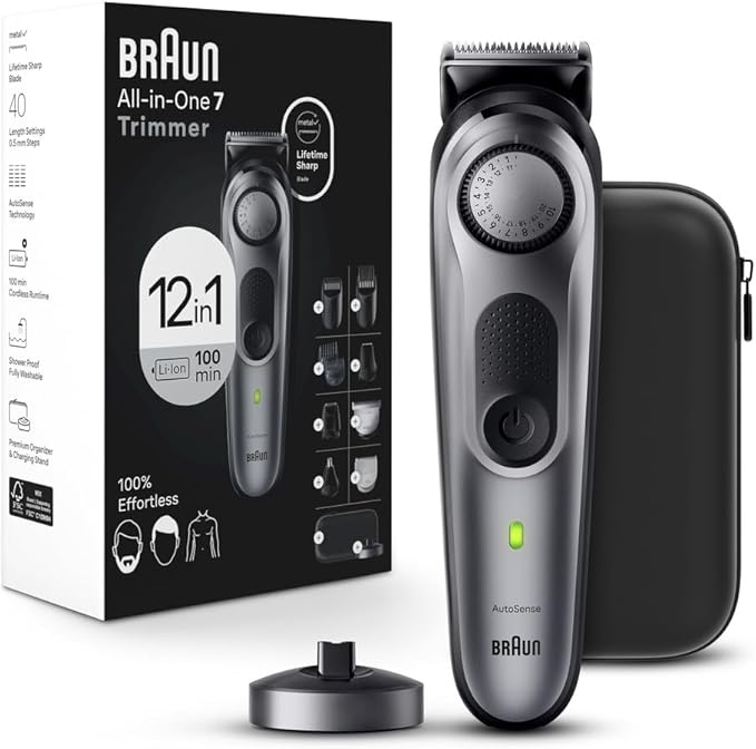 Braun All-in-One Men's Shaving Kit Series 7 7440, 12-in-1 Beard, Face, Nose, Ear Trimmer, Hair Clippers, Body Groomer and Manscaping