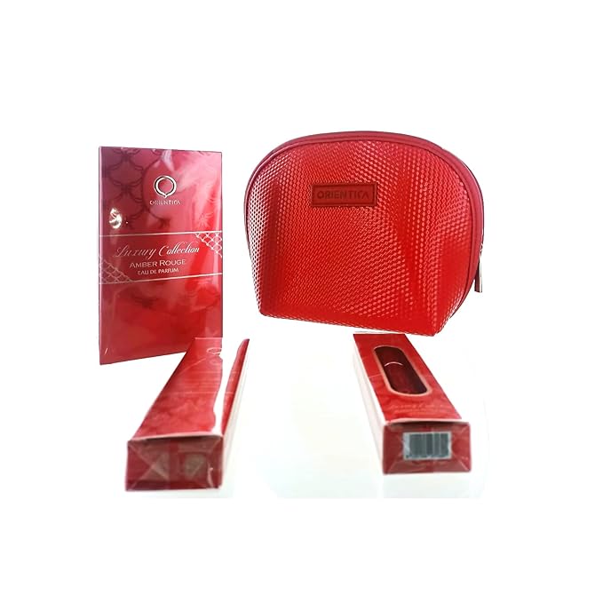 Orientica AL HARAMAIN Amber Rouge 4-Piece Set for Unisex, (2.7 Oz Eau De Parfum Spray + 0.34 Oz Eau De Parfum Travel Spray + Atomizer + Bag) Luxury Collection