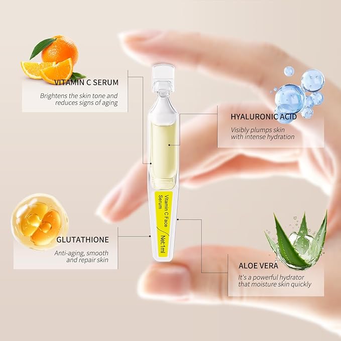 Vitamin C Face Serum with Glutathione, 4D Hyaluronic Acid, Organic Aloe Vera, Travel Size Ampoule, Brightening and Hydrating Serum, Dark Spot Remover, 30 Ampoules (1ml each)