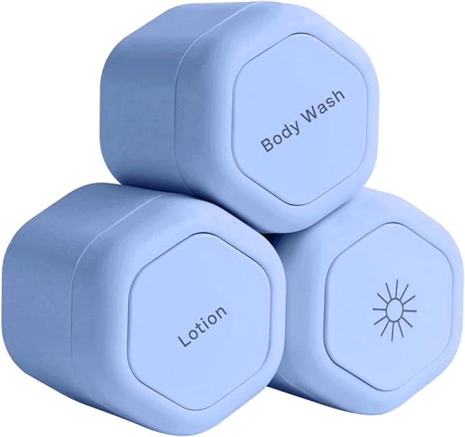 Cadence Travel Containers - Body Care Capsule Set - Magnetic Travel Capsules - For Body Wash, Lotions, Sunscreens - 3 Flex Mediums (1.32oz) with Body Wash, Lotion, & Sun Icon Labels - Pacific