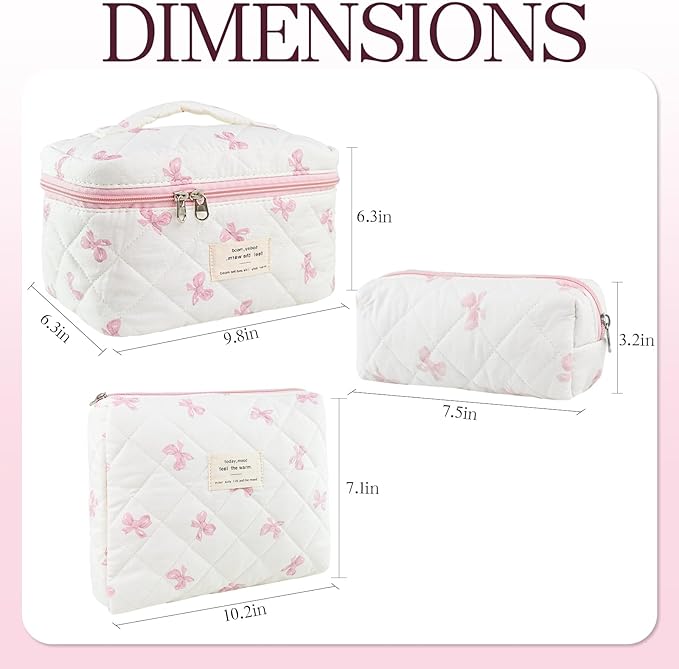 Makeup Bag, 3 PCS Quilted Makeup Bag, Cute Floral Cotton Cosmetic Bag set, Coquette Makeup Pouch Large Travel Toiletry Bag