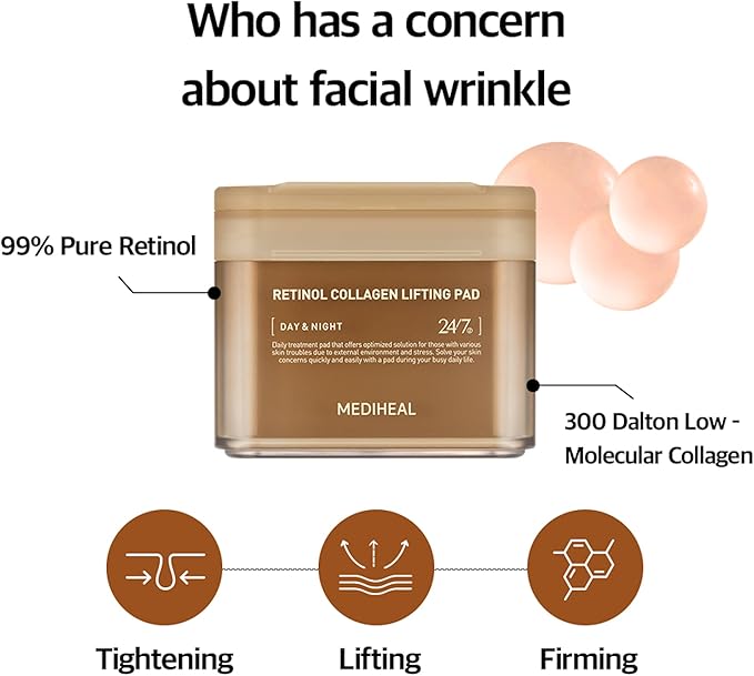 MEDIHEAL Retinol Collagen Lifting Pad - Vegan Face Hypoallergenic Pads with Retinol, Collagen - Lifting Pads for Enhancing Skin Texture Firmness 100 Pads