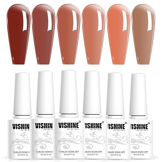 Vishine Jelly UV LED Gel Nail Polish Sets 6 Colors Transparent Red Pink Nude Brown Skin Color Soak Off Gel Polish Long Lasting Gift Set C007