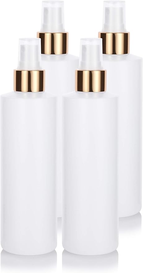 JUVITUS 8 oz Clear Natural Refillable Plastic Squeeze Bottle with Gold Metal Fine Mist Sprayer (4 pack)