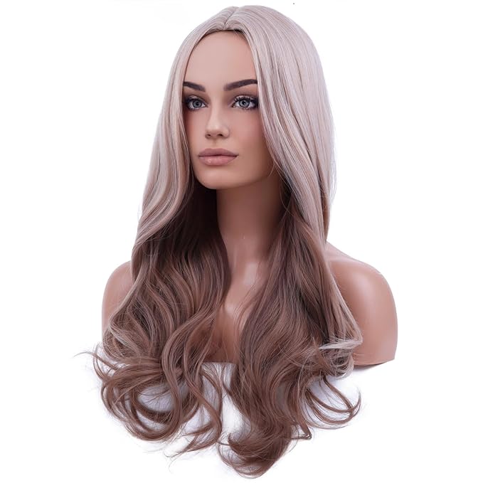 BERON Blonde Mixed Wigs Long Wavy Wig for Women Brown Blonde Curly Heat Resistant Synthetic Hair Wigs for Daily Use with Wig Cap