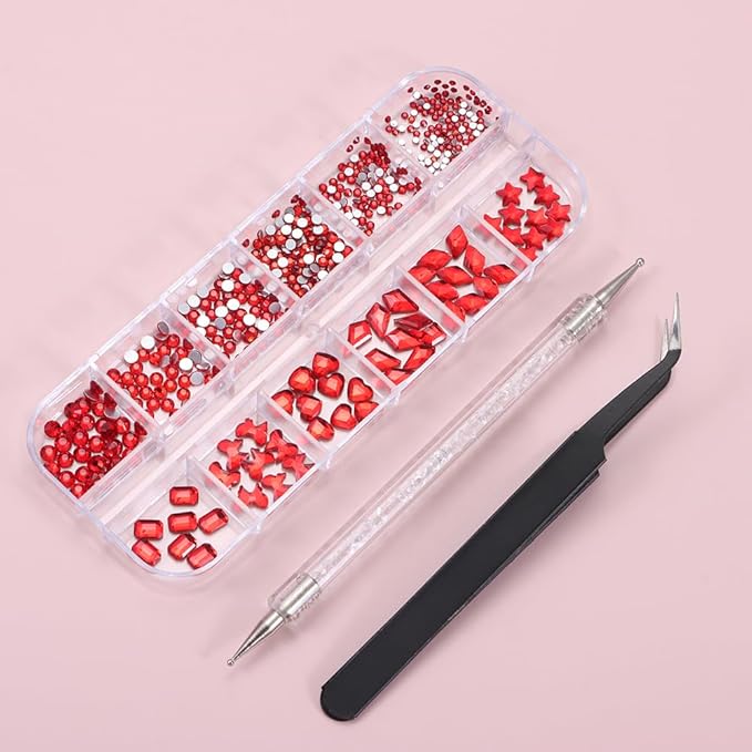 1000Pcs 12Gird Box Multi Size AB/Colorful Irregular Rhinestones Flatback Crystal Diamond Gems, with Pick Up Tweezers and Picker Dotting Pen for Nails, Makeup