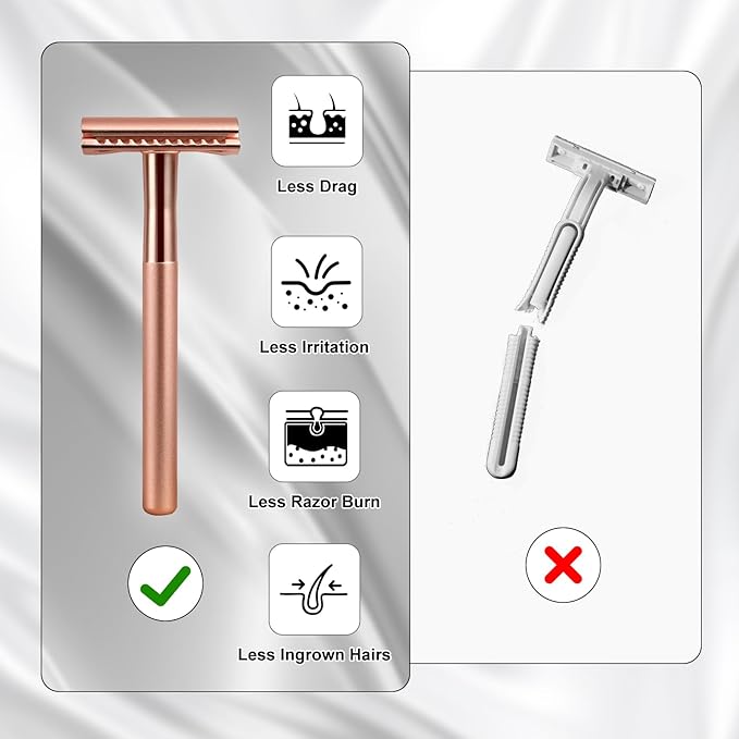 Premium Rose Gold Safety Razor – Swedish Steel Blades, Solid Copper Long Handle, Luxury Shaving Gift for Men & Women