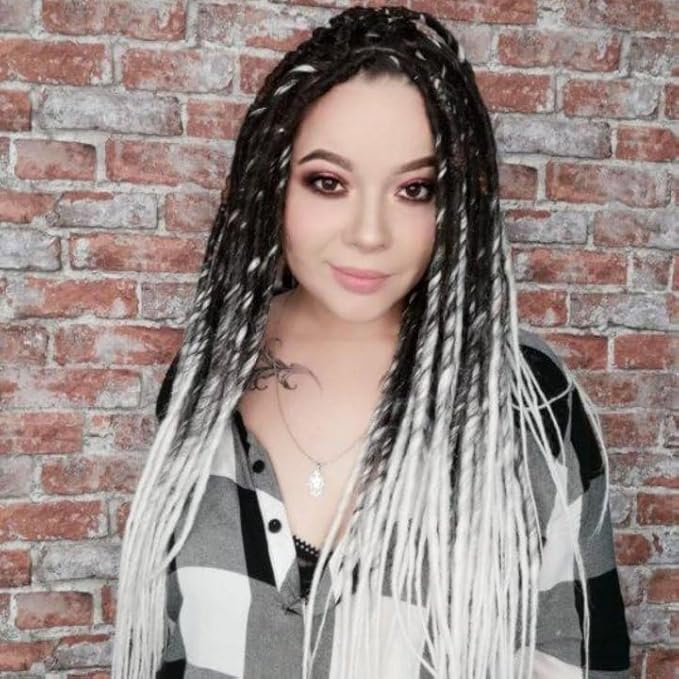 24 In Double Ended Dreadlock Extensions, Gray to White 10 Strands Thin 0.6cm Width Synthetic DE Dreads Extensions, 100% Handmade Dreads Hippie Style Dreadlocks for Woman