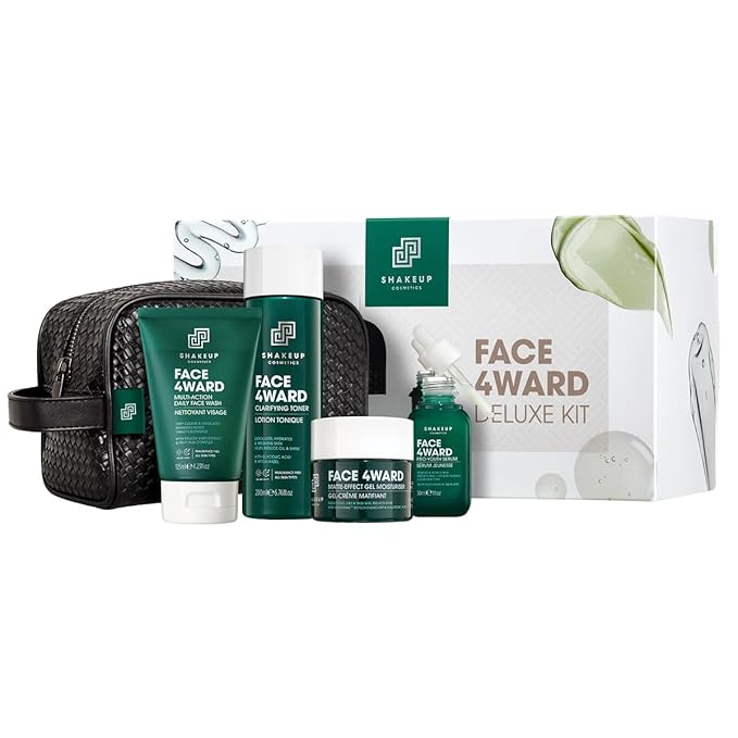 Mens Skincare Routine with Free Wash Bag, including Daily Face Wash, Clarifying Toner, Anti-Ageing Serum, Daily Moisturiser, plus Wash Bag. Aka. SHAKEUP FACE 4WARD DELUXE KIT