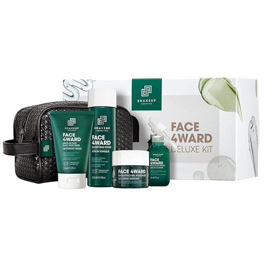 Mens Skincare Routine with Free Wash Bag, including Daily Face Wash, Clarifying Toner, Anti-Ageing Serum, Daily Moisturiser, plus Wash Bag. Aka. SHAKEUP FACE 4WARD DELUXE KIT