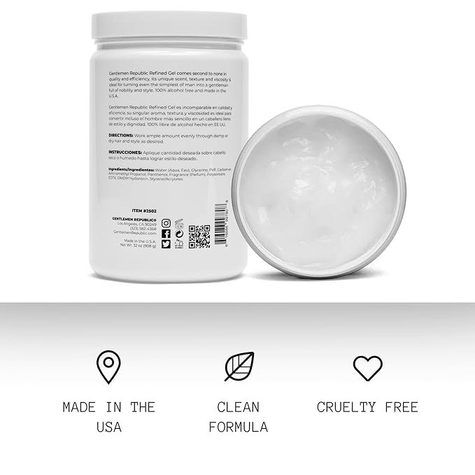 Gentlemen Republic 32oz Refined Hair Gel with Pump for Men - Premium Gel For Men Humidity Resistant & Alcohol-Free - All Day Shine and Hold for All Hair Types and Never Flakes - Made in the USA