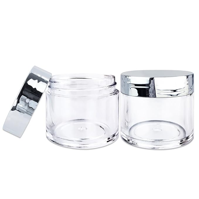 Beauticom 30g/30ml (1 fl. oz.) Double Wall Clear Plastic Leak Proof Jars with Flat Top Lids for Creams, Lotions, Make Up, Powders, Glitters, and more... (Color: Metallic Silver Lid, Pieces: 30)