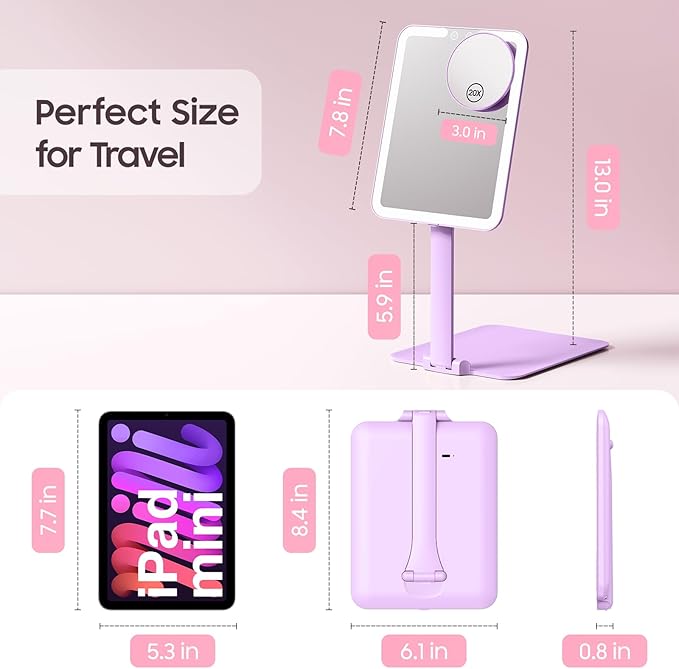 Benbilry Foldable Travel Makeup Mirror with Lights and 20X Magnification, Rechargeable Tabletop LED Vanity Mirror with Adjustable Stand, 3-Colored Dimmable Lighting, Portable Cosmetic Mirror, Purple