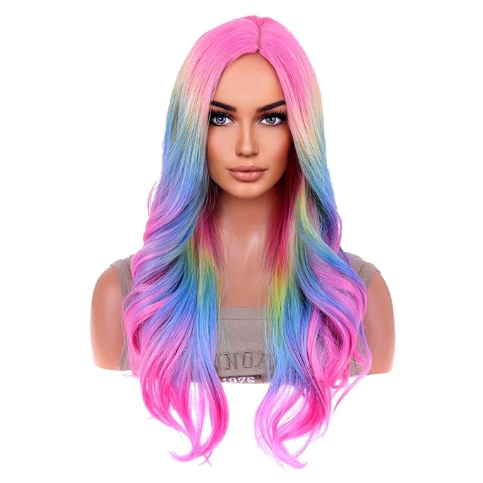 BERON Rainbow Ombre Wigs Long Wavy Wig for Women Colorful Ombre Curly Heat Resistant Synthetic Hair Wigs for Daily Use with Wig Cap