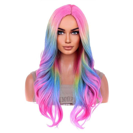 BERON Rainbow Ombre Wigs Long Wavy Wig for Women Colorful Ombre Curly Heat Resistant Synthetic Hair Wigs for Daily Use with Wig Cap