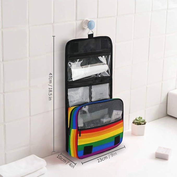 YVONAU Hanging Toiletry Bag Rainbow Pride Flag Stripe Portable Travel Cosmetic Makeup Bag Bathroom Shower Shaving Kit Organizer Bag for Men Women
