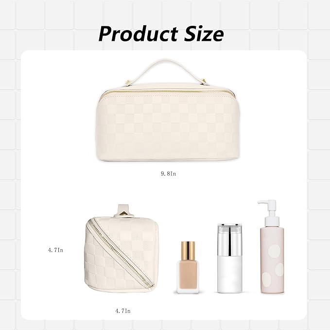 Checkered Makeup Bag Large Capacity Travel Cosmetic Bags for Women Makeup Organizer Bag (White Checkered)