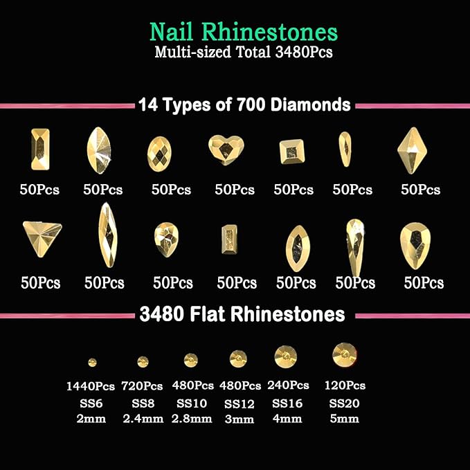 4180 Pcs Crystal Flatback Rhinestones Gems Nail Kit for Nail Art,Crafts,Clothes Shoes Decorations Jewelry (700 Diamonds + 3480 Flat Rhinestones, with Rhinestones Pen), Gold