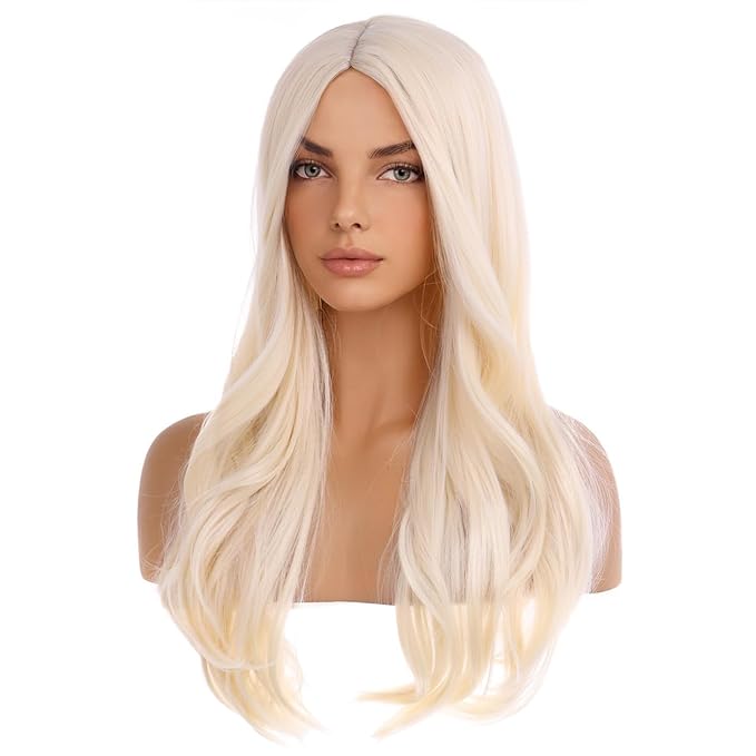 BERON Blonde Wigs for Women Girls Long Curly Wavy Wig Light Blonde Middle Part Hair Wig Heat Resistant Synthetic Fiber for Cosplay or Daily Use