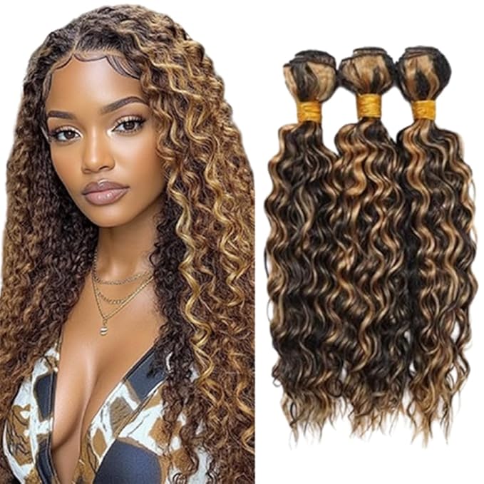 P1B27 Curly Hair Bundles Black Mixed With #27 Highlight Honey Blonde Human Hair Bundles two tone Brazilian Human Hair Extensions Soft and Silky for Black Women 12 14 16 Inch