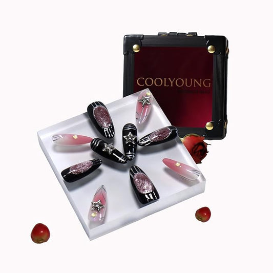 Handmade Nails Press On, Press On Nails Pink, Medium Stiletto Nails, Chrome Press On Nails, Thick Press On Nails, Press On Acrylic Nails, Reusable Nails, Woman Gifts, COOLYOUNG Nails, 10 PCS, Size S