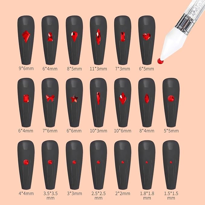 Nail Art Red Crystals Rhinestones Set - 3100pcs Red Nail Gems Diamonds Flatback Jewels for Nails Design, 12 Types of 600 Special-Shaped Diamonds + 2500 Flat-Bottomed Rhinestones Kit