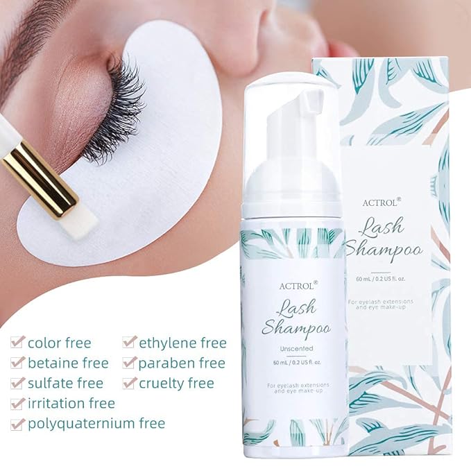 Eyelash Extension Cleanser 60ML Natural Lash Extension Shampoo Unscented Professional Eyelid Foaming Cleanser Paraben & Sulfate Free Non-lrritating with Salon and Home Care