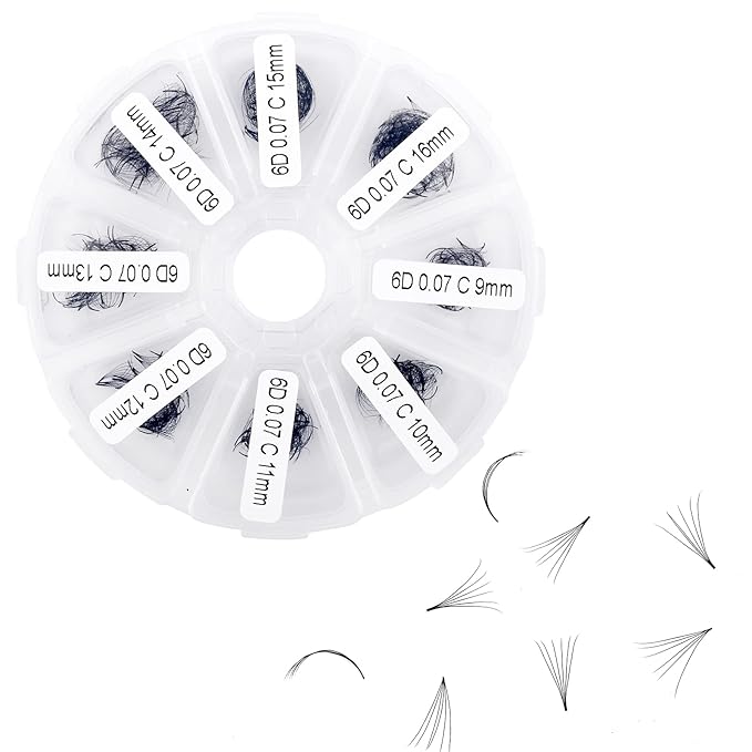 Volume Lash Extensions 6D Premade Fans Eyelash Extensions 500 PCS 0.07mm 9-16mm Mixed C/D Curl Short Stem Premade Volume Eyelash Extensions Pointed Base Fans(500PCS-6D-0.07-C, 9-16mm Mixed Tray)