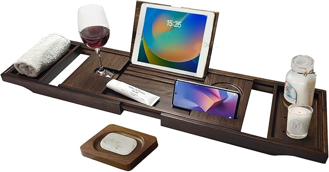 Teak Bathtub Tray, Bath Tray for Tub Bathroom Expandable Wood Bath Rack Across Tub Teak, as Unique Housewarming, Holiday, Birthday Gifts