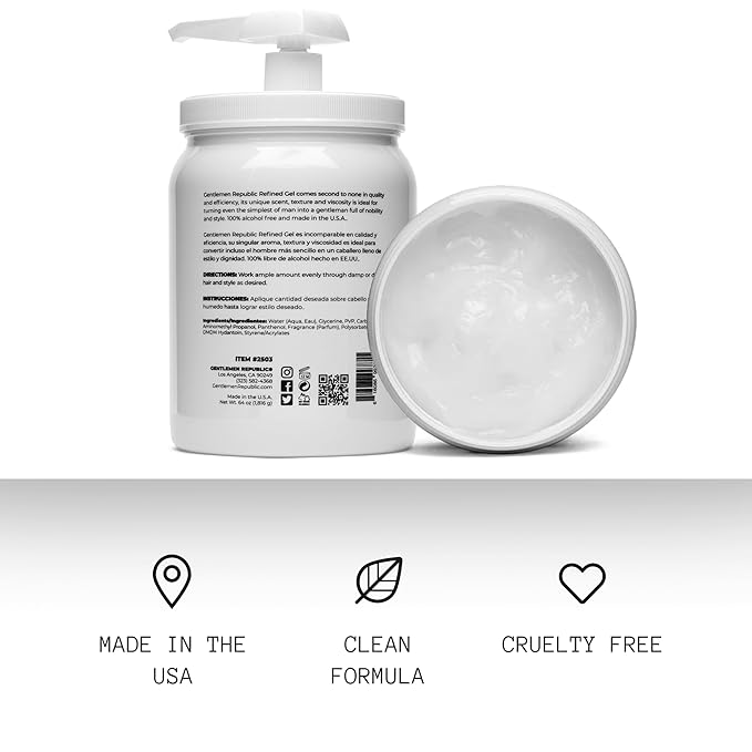 Gentlemen Republic 64oz Refined Men's Hair Gel - Professional Formula for 24 Hour Shine and Strong Hold, Humidity Resistant Styling Gel for hair W/Pump, 100% Alcohol-Free and Never Flakes, Made in USA