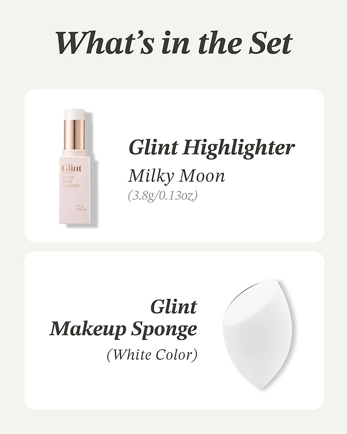 Glint Stick Highlighter Special Set (Milky Moon(Set), 0.24oz + Egg-Shaped Makeup Sponge) - Multi-Use Illuminator Stick. Korean Makeup by LG Beauty. Creamy & Blendable Color.