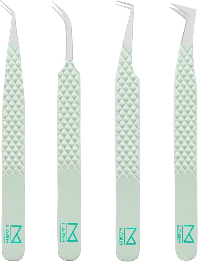 M LASH Tweezers for Eyelash Extensions (Set of 4) - Professional Lash Extension Tweezers - Fiber Tip, Japanese Steel, Diamond Grip Eyelash Extension Tweezer (ET-GRN)