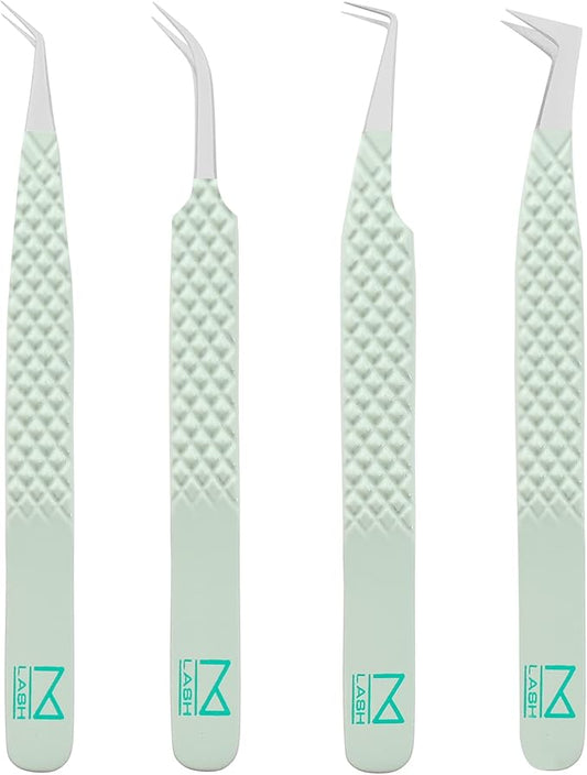 M LASH Tweezers for Eyelash Extensions (Set of 4) - Professional Lash Extension Tweezers - Fiber Tip, Japanese Steel, Diamond Grip Eyelash Extension Tweezer (ET-GRN)