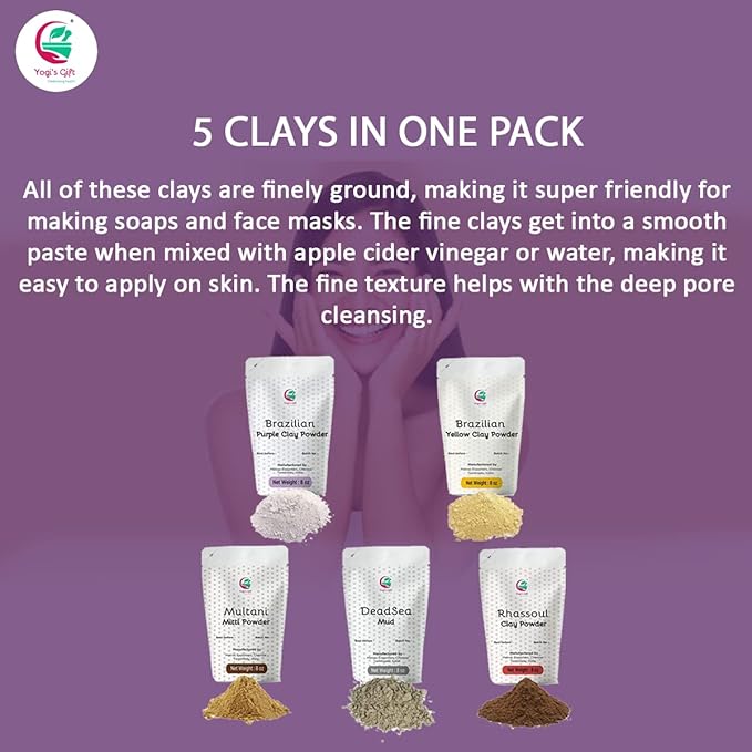 Pack of 5 Cosmetic Clay Powders | Clays for Soap Making and Mask Making | Multani Mitti, Rhassoul, Dead Sea Mud, Yellow & Purple Clay Powders | 8oz Each | Best Colorful Clays for DIY | Yogi’s Gift®