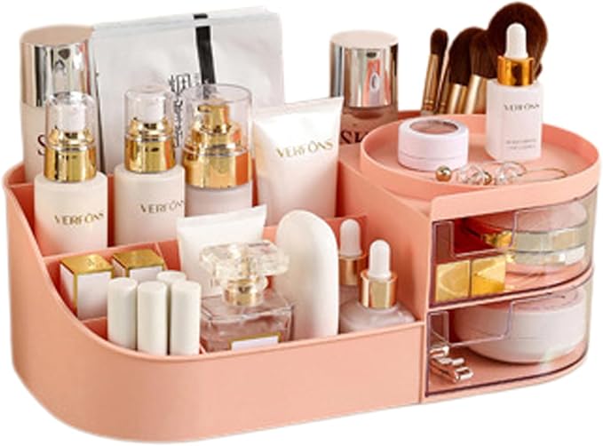 skin care organizer,Makeup Desk Organizer With Drawers,Countertop Organizer for Cosmetics,Vanity brush with Holder for Lipstick, Brushes, Eyeshadow, and Desktop Finishing Dresser (D-pink)