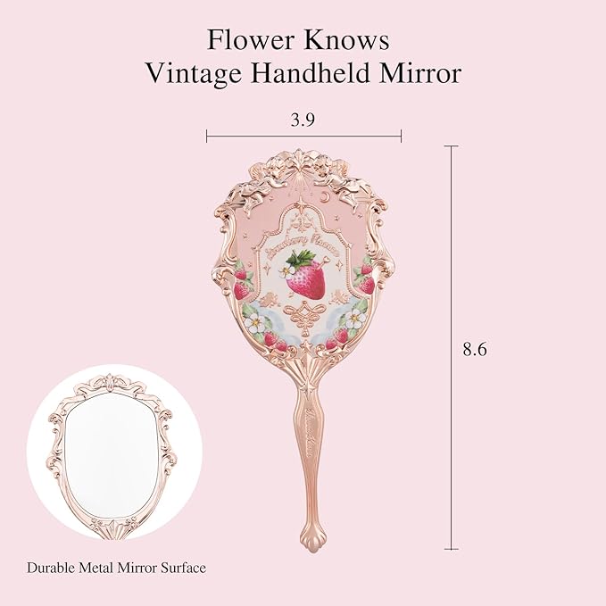 Flower Knows Strawberry Rococo Hand Mirror,Portable Vintage Handheld Mirror,Durable Metal Mirror,Cute & Aesthetic Princess Mirror,with Long Handle for Easy Holding,Gift for Girls(Soft Pink)